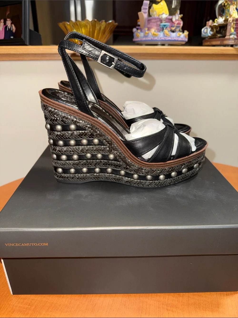 Vince Camuto Black Studded Braided Wedge Sandals